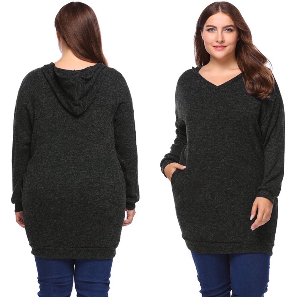 Cozy Charcoal Hoodie Tunic Sweater Dress w Pockets - Picture 2 of 4